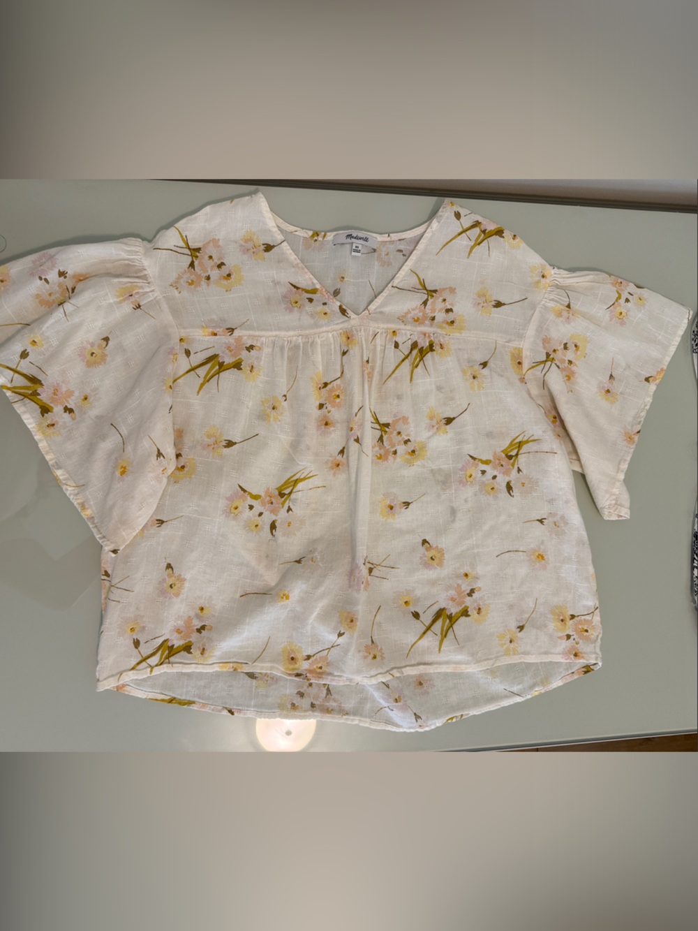 Madewell Cream Floral Short Sleeve Blouse